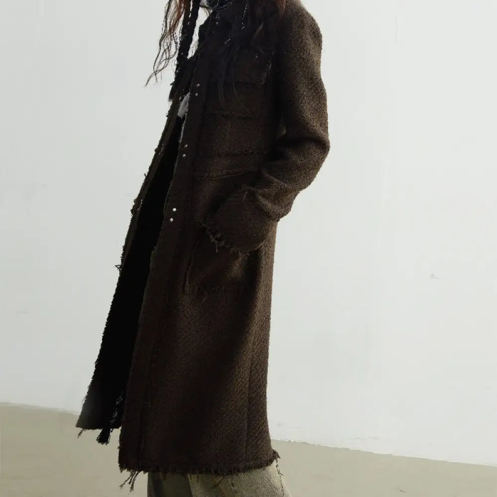 Fringe Damage Wandering Artist Long Woolen Coat - Bag