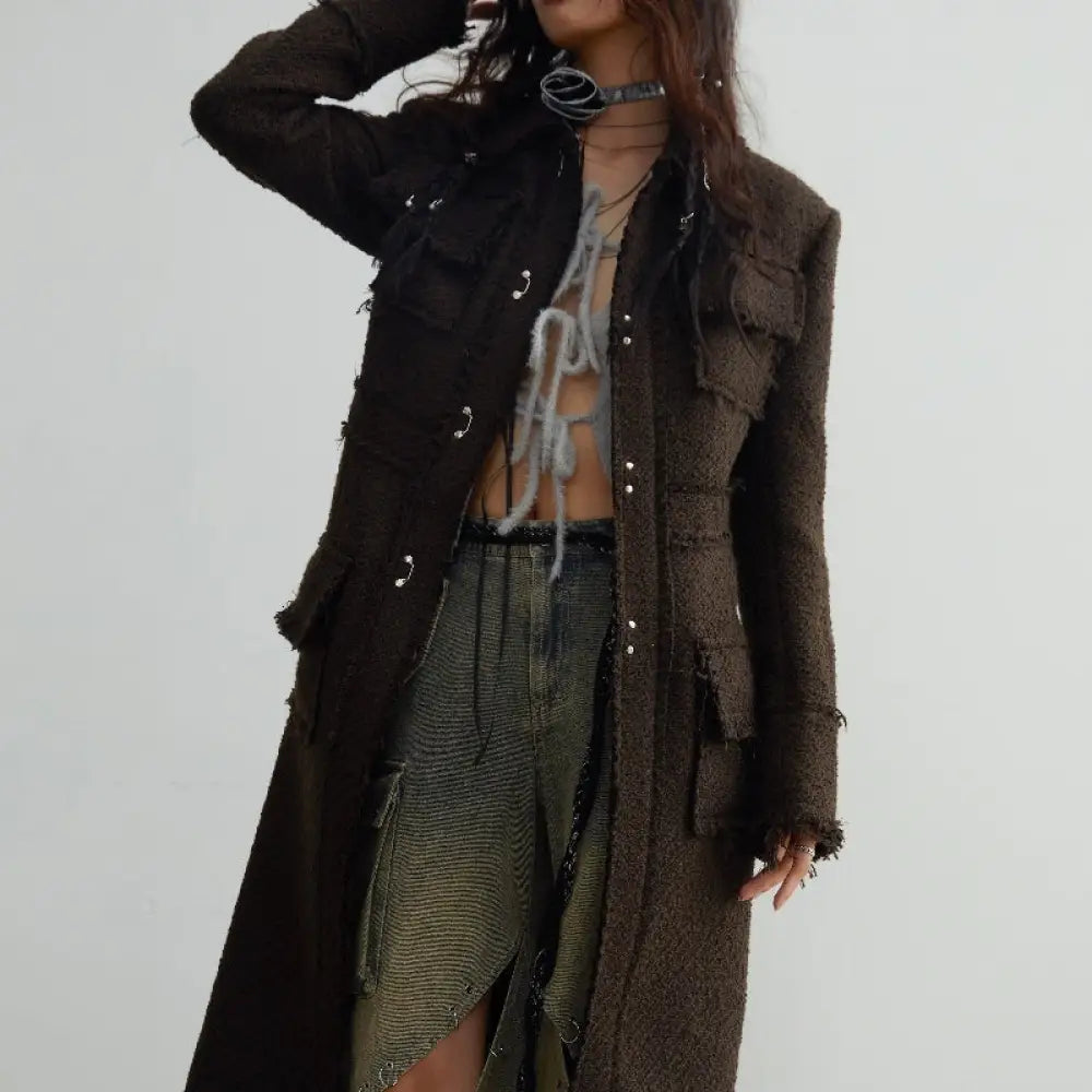 Fringe Damage Wandering Artist Long Woolen Coat - Bag