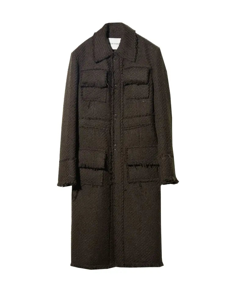 Fringe Damage Wandering Artist Long Woolen Coat - Brown / L - Bag