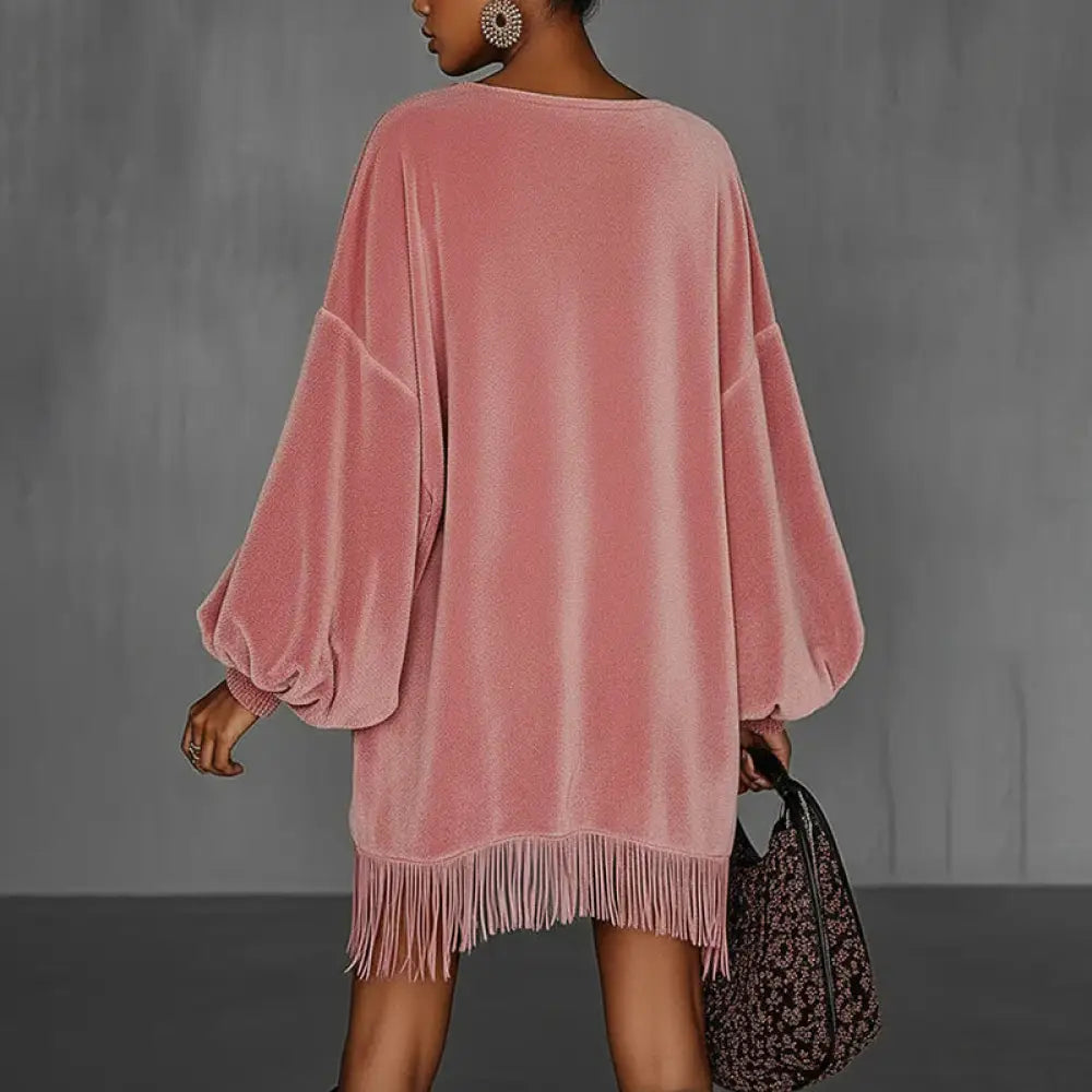 Women’s Fringe Hem Mini Dress Drop Shoulder Long Sleeve Casual Short Dress - Dress