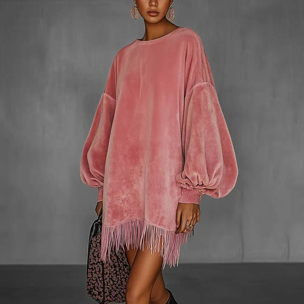 Women’s Fringe Hem Mini Dress Drop Shoulder Long Sleeve Casual Short Dress - Dress