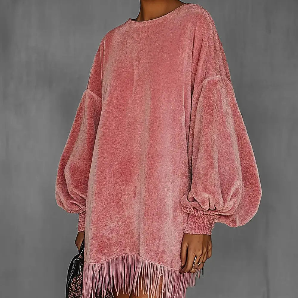 Women’s Fringe Hem Mini Dress Drop Shoulder Long Sleeve Casual Short Dress - Pink / 2XL - Dress