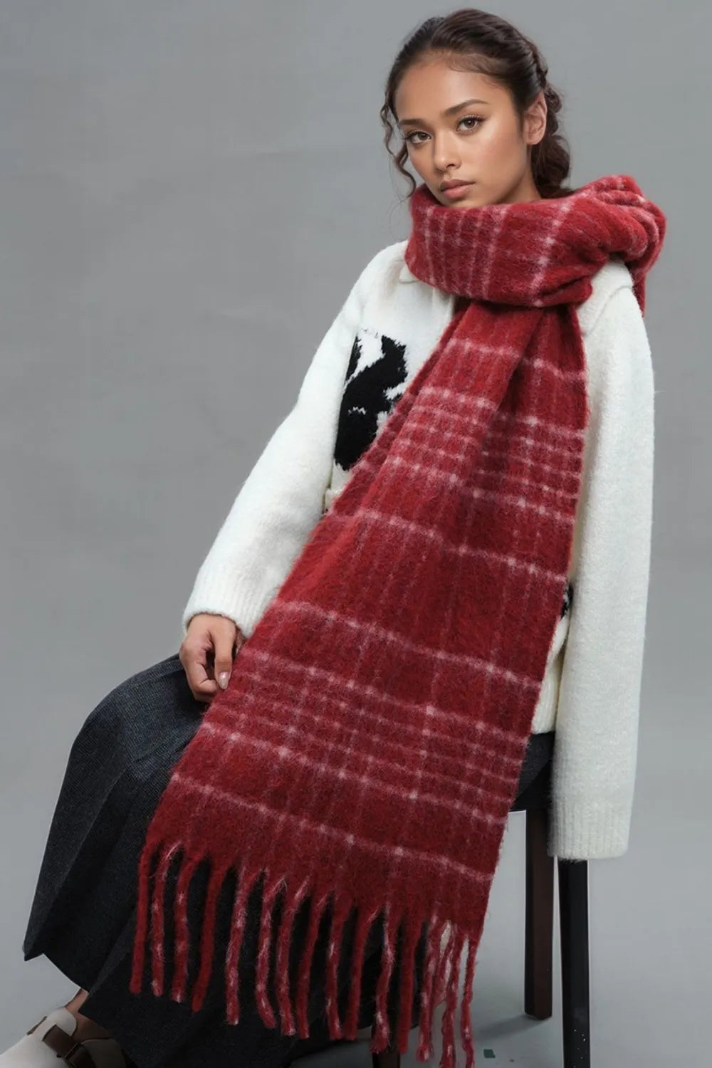 Fringe Plaid Thermal Scarf – Soft Streetwear Layer | same ANTHEM.