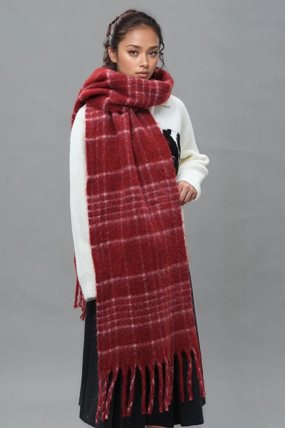 Fringe Plaid Thermal Scarf – Soft Streetwear Layer | same ANTHEM.