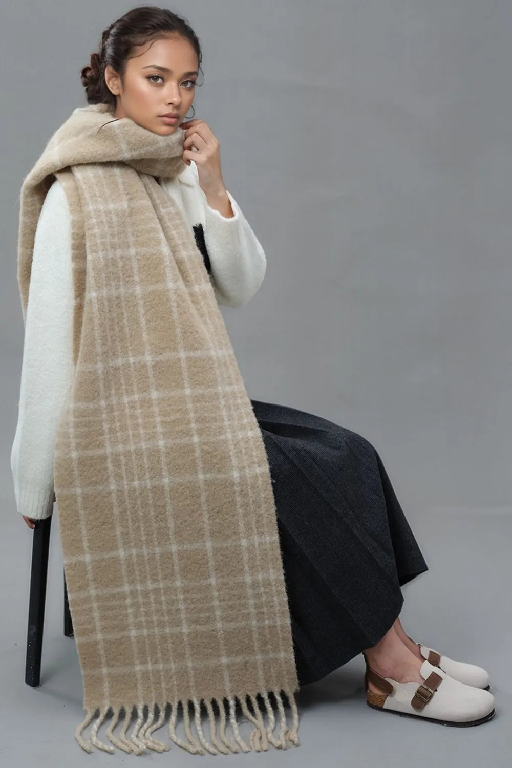 Fringe Plaid Thermal Scarf – Soft Streetwear Layer | same ANTHEM.