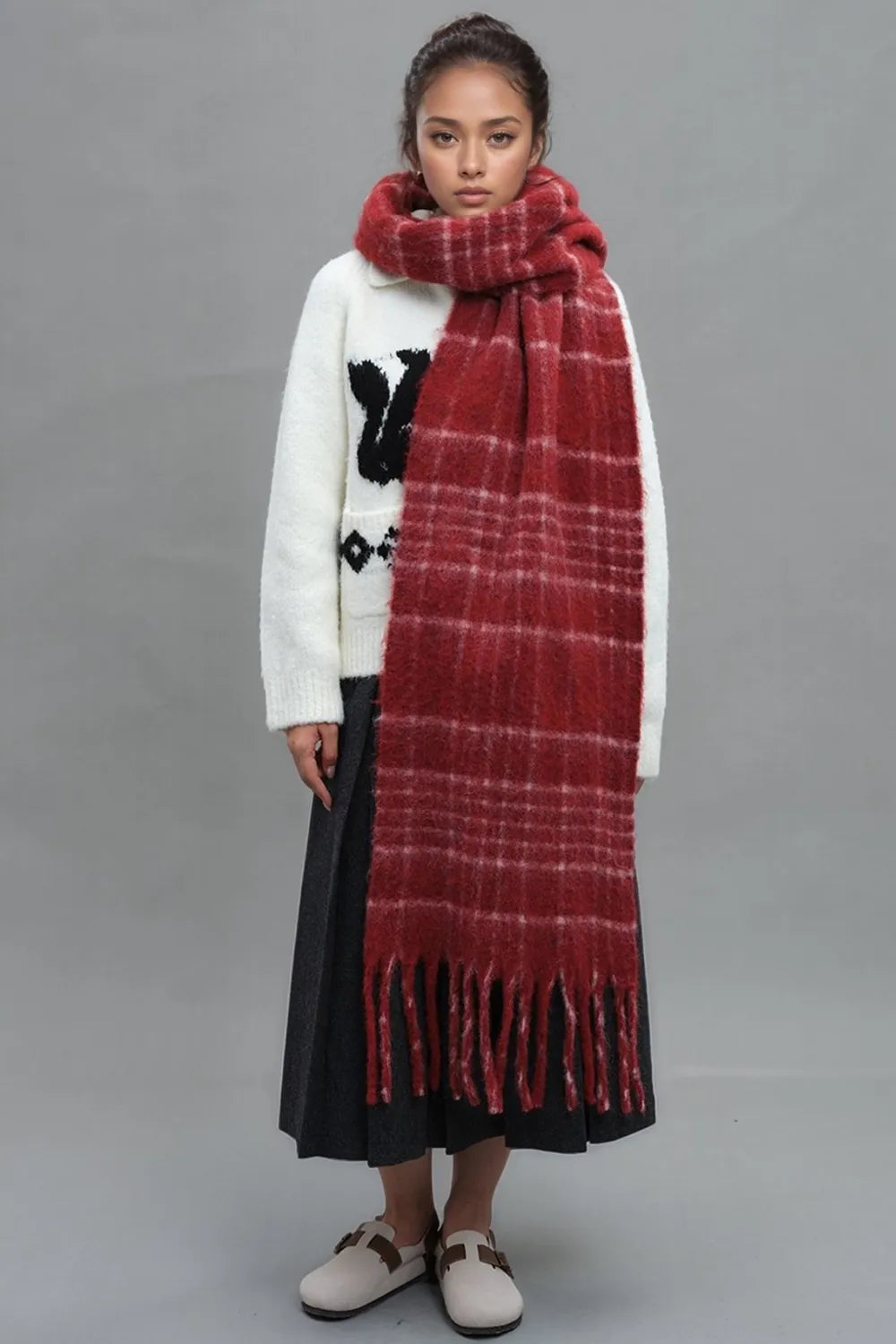 Fringe Plaid Thermal Scarf – Soft Streetwear Layer | same ANTHEM.