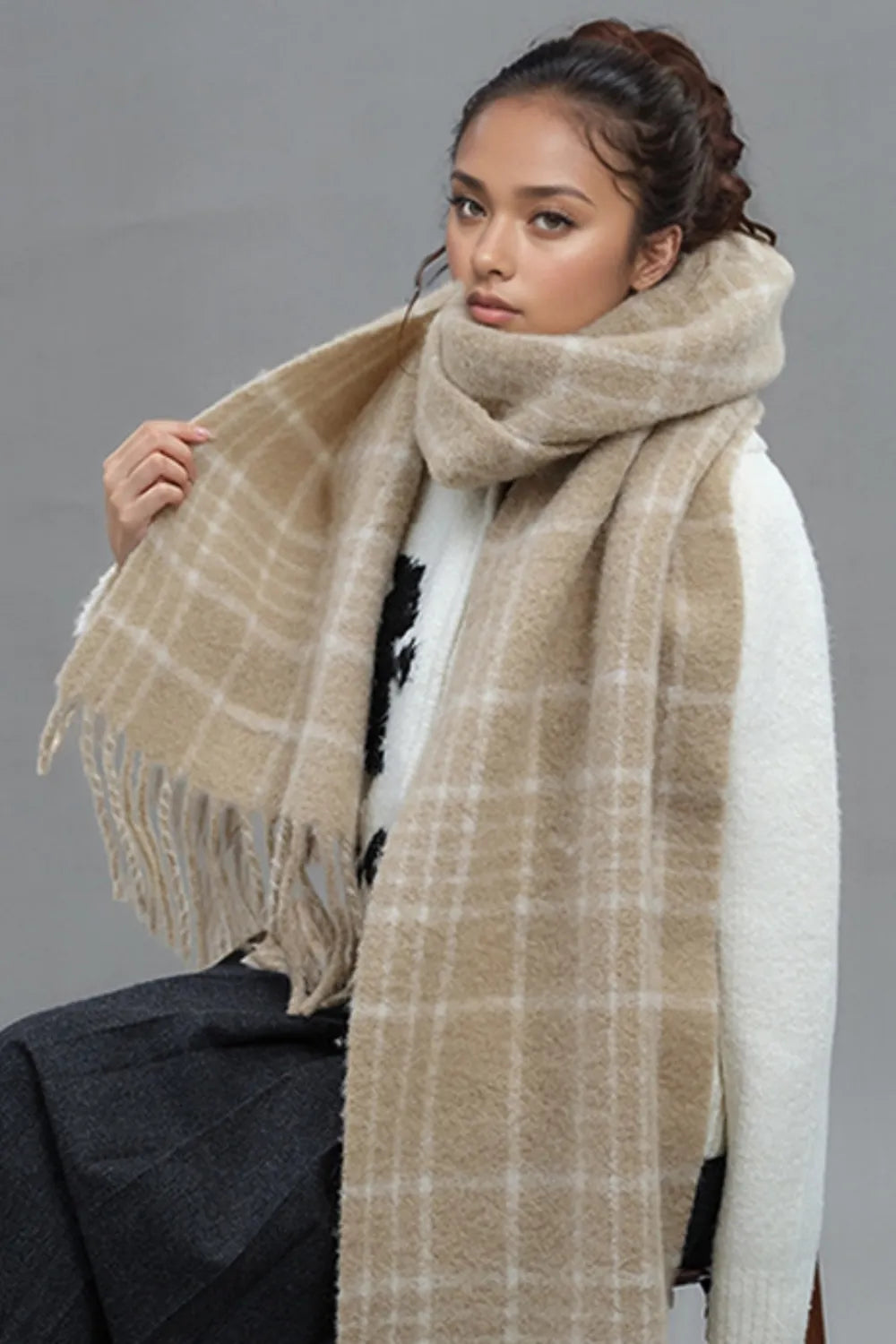 Fringe Plaid Thermal Scarf – Soft Streetwear Layer | same ANTHEM. - Tan / One Size