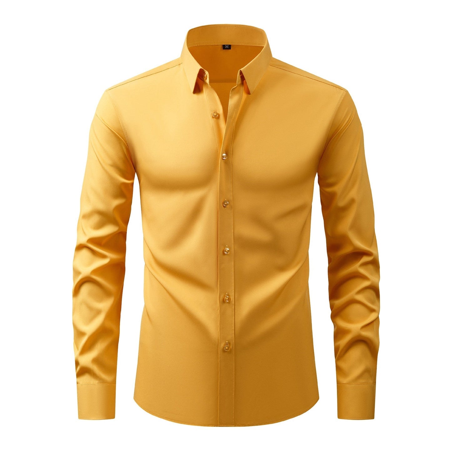 A male model wearing a long-sleeved yellow button-up shirt.