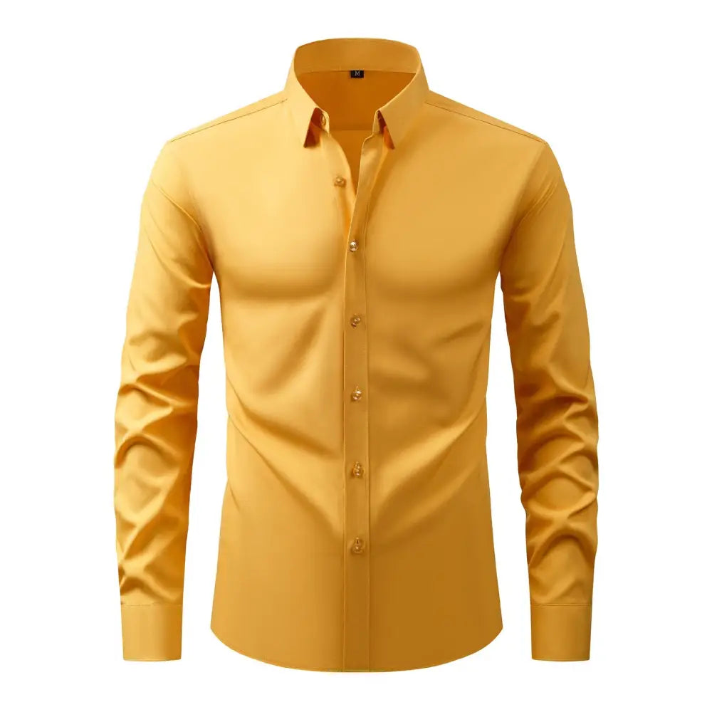 A male model wearing a long-sleeved yellow button-up shirt.