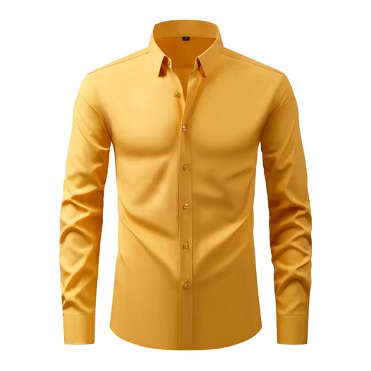 A male model wearing a long-sleeved yellow button-up shirt.