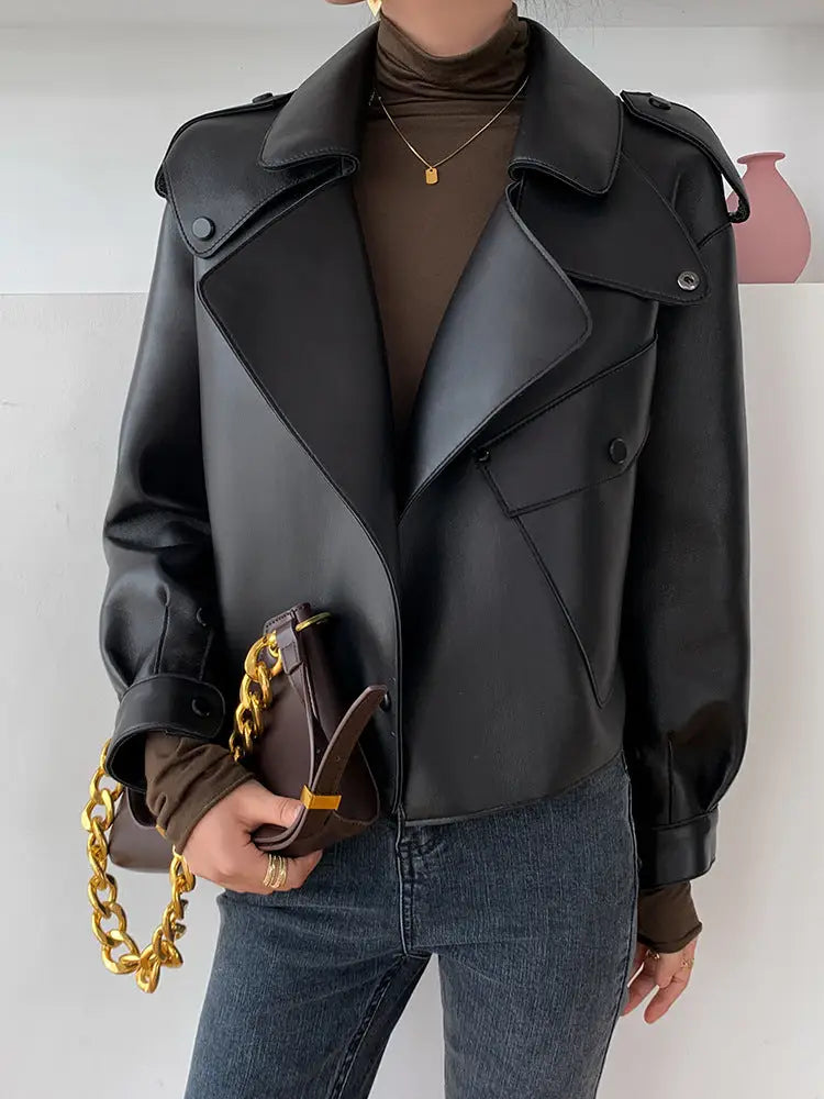 New Genuine Leather Clothes Women’s Jacket Sheepskin Loose-fitting Short Coat - Black / L - Bag