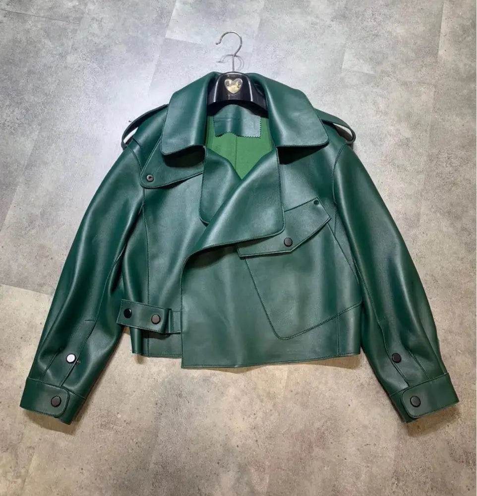 New Genuine Leather Clothes Women’s Jacket Sheepskin Loose-fitting Short Coat - Green / L - Bag