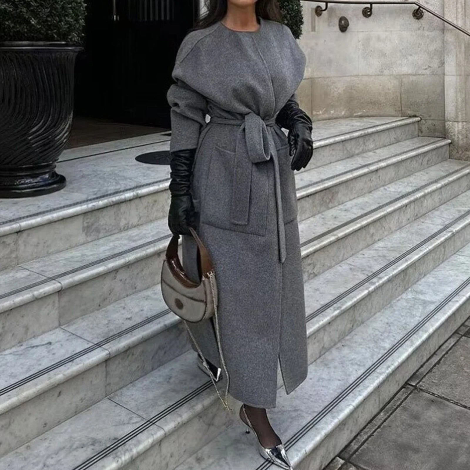 Grey Wool Blend Belted Coat | same ANTHEM®