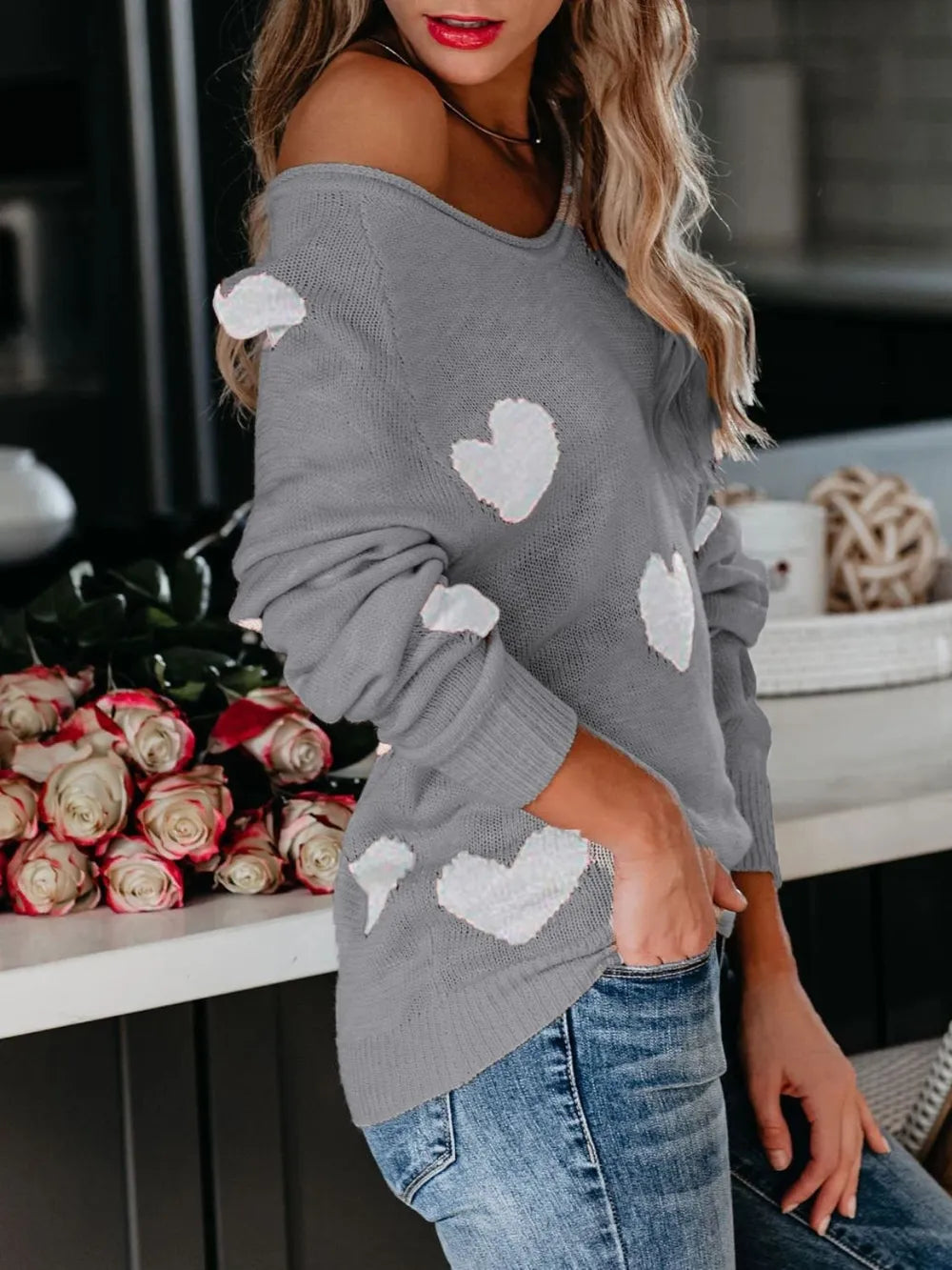 Heart Scoop Neck Sweater – Cute Chic & Dreamy Streetwear | same ANTHEM - Gray / M