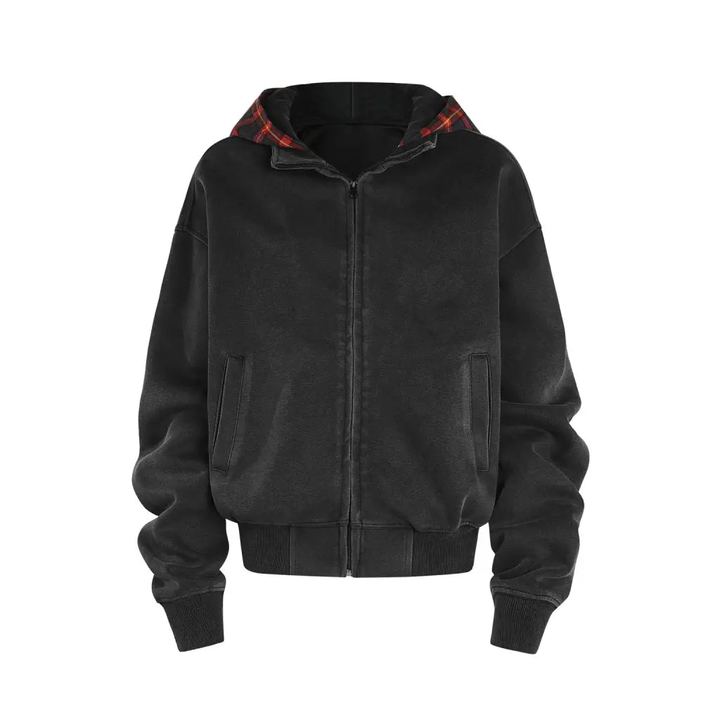 Heavyweight Vintage Plaid Zip-Up Hoodie | Men’s Streetwear Sweatshirt | same ANTHEM. - 240959-Black / M