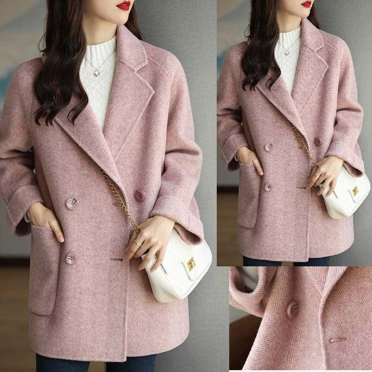 Herringbone Wool Coat Women | Loose Fit Slimming Outerwear | same ANTHEM. - pink / M