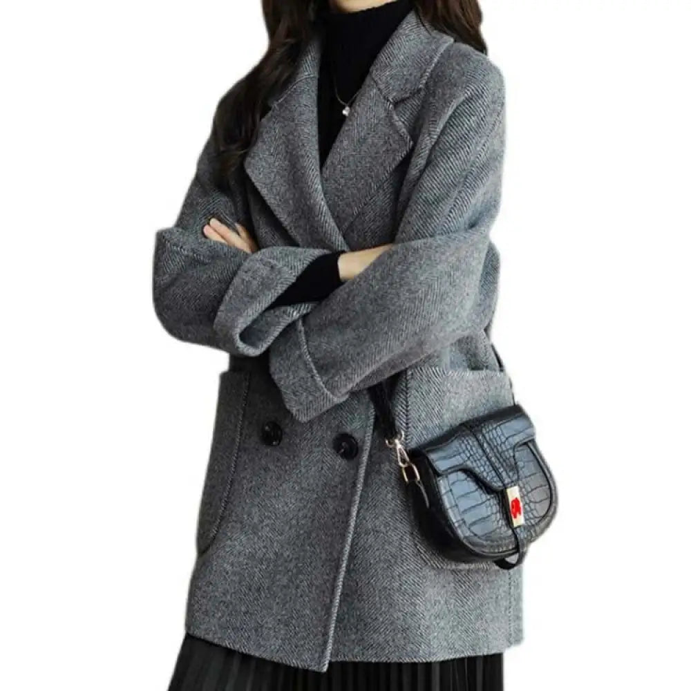 Herringbone Wool Coat Women | Loose Fit Slimming Outerwear | same ANTHEM. - gray / M