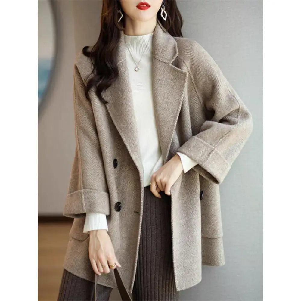 Herringbone Wool Coat Women | Loose Fit Slimming Outerwear | same ANTHEM. - Khaki / M