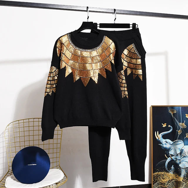 High-End Embroidered Diamond Drill 2-Piece Set | Affordable Luxury Women’s Fashion | same ANTHEM - black / S