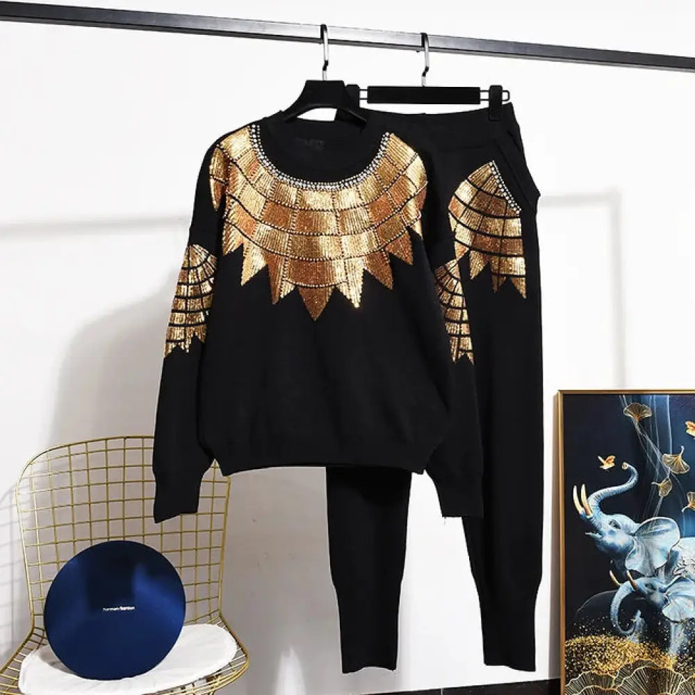 High-End Embroidered Diamond Drill 2-Piece Set | Affordable Luxury Women’s Fashion | same ANTHEM - black / S