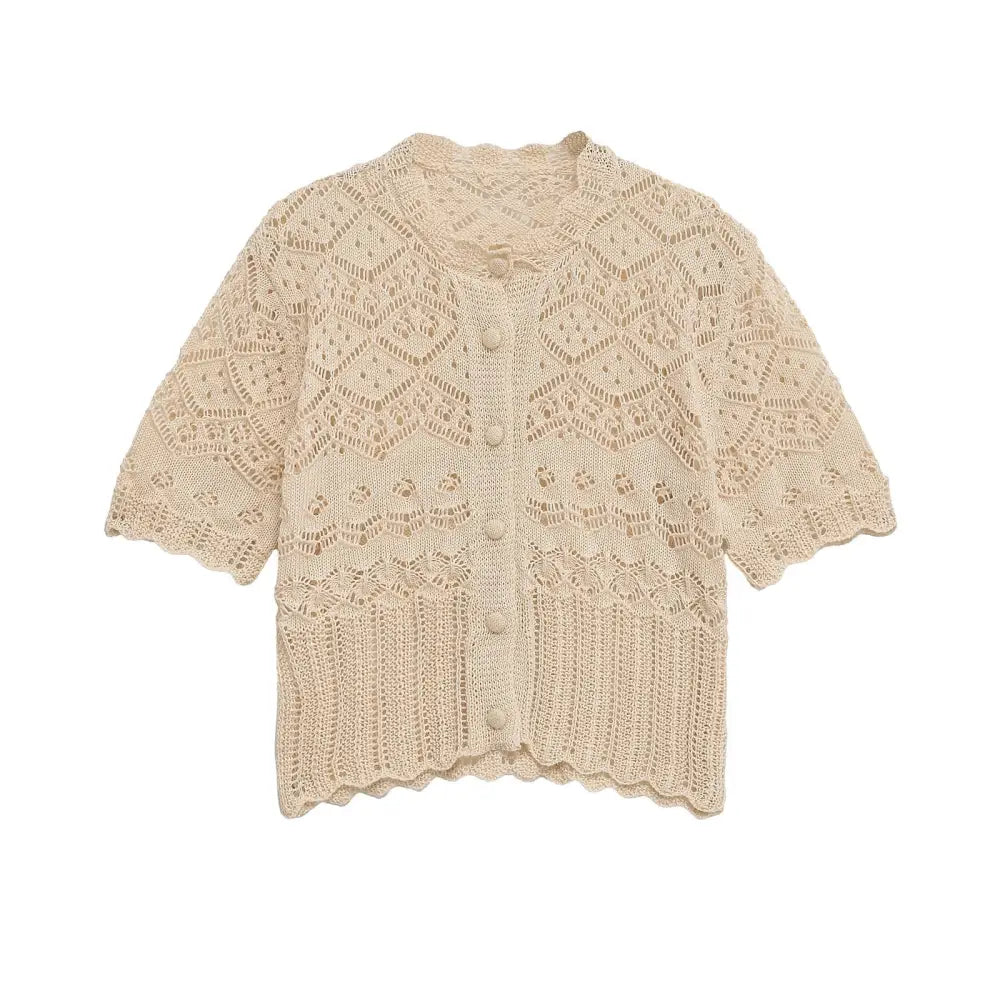 Hollow Knit Button T-Shirt – Boho Soulmate Top | same ANTHEM - Off white / S