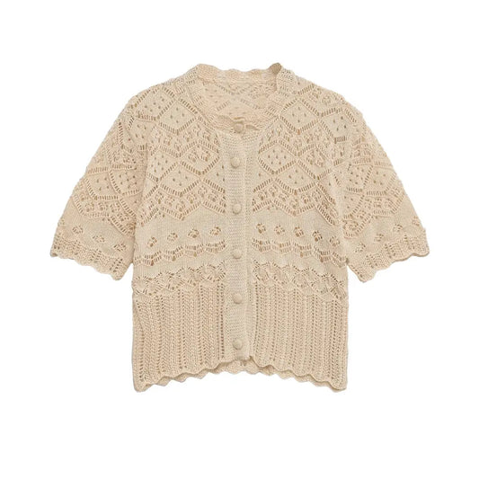 Hollow Knit Button T-Shirt – Boho Soulmate Top | same ANTHEM - Off white / S