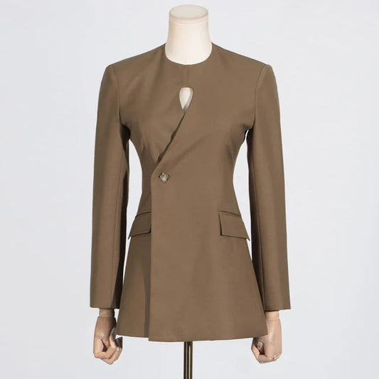 Hollow Out Slimming Blazer for Women | Designer Patchwork Tunic | same ANTHEM. - COFFEE / S