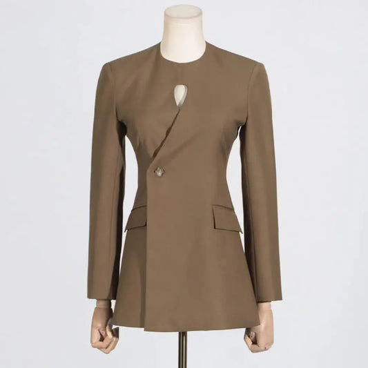Hollow Out Slimming Blazer for Women | Designer Patchwork Tunic | same ANTHEM. - COFFEE / S