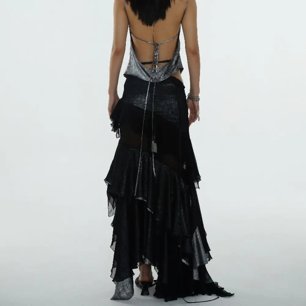 Irregular Ruffled Stitching See-through Off-the-leg Heavy Skirt - Bag