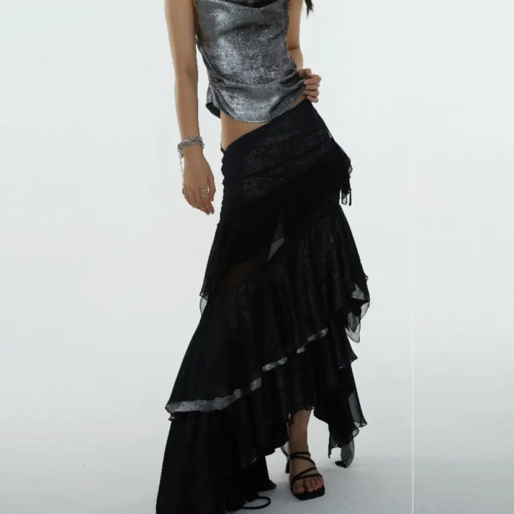 Irregular Ruffled Stitching See-through Off-the-leg Heavy Skirt - Bag
