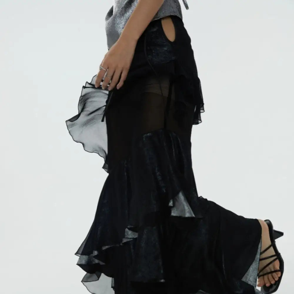 Irregular Ruffled Stitching See-through Off-the-leg Heavy Skirt - Bag