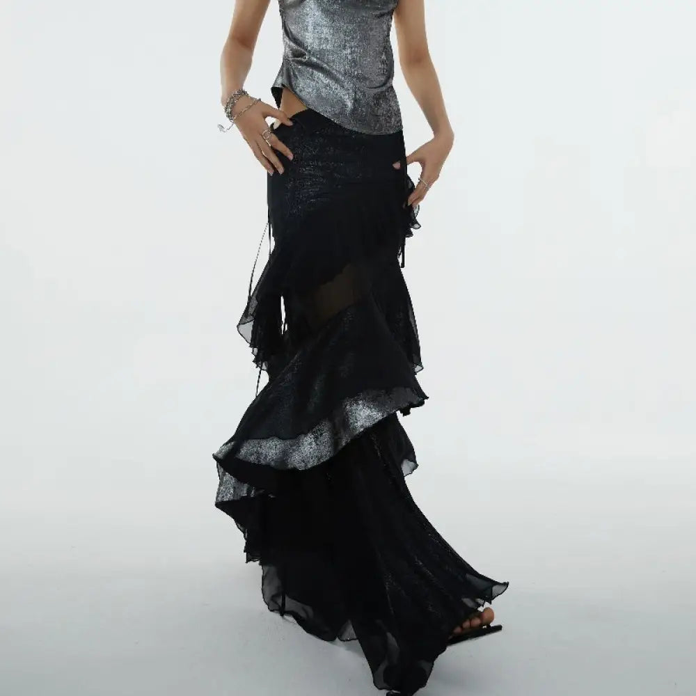Irregular Ruffled Stitching See-through Off-the-leg Heavy Skirt - Black / L - Bag