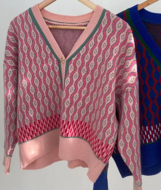Jacquard Wave Knit Cardigan – Korean Soulmate Streetwear | same ANTHEM.** - Pink / One Size
