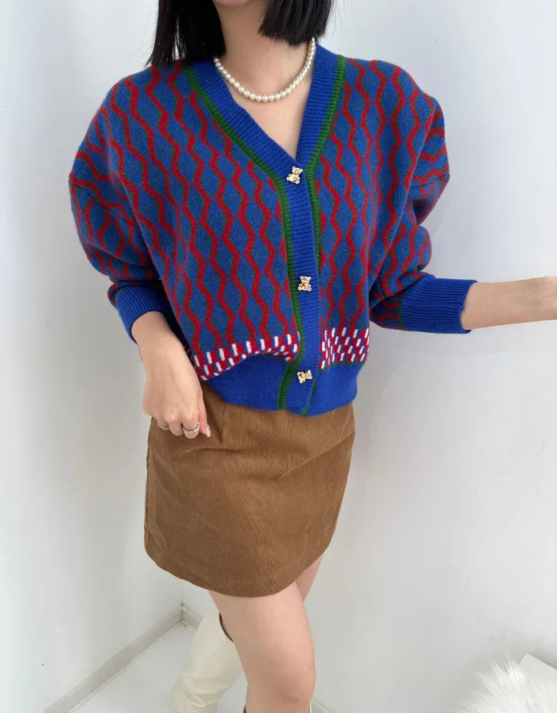 Jacquard Wave Knit Cardigan – Korean Soulmate Streetwear | same ANTHEM.**