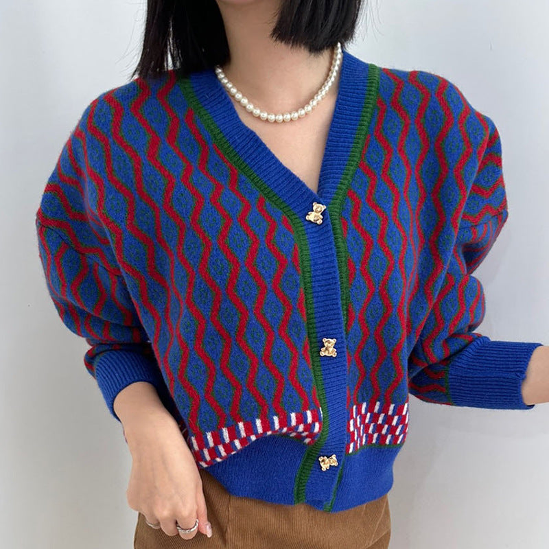 Jacquard Wave Knit Cardigan – Korean Soulmate Streetwear | same ANTHEM.** - Blue / One Size