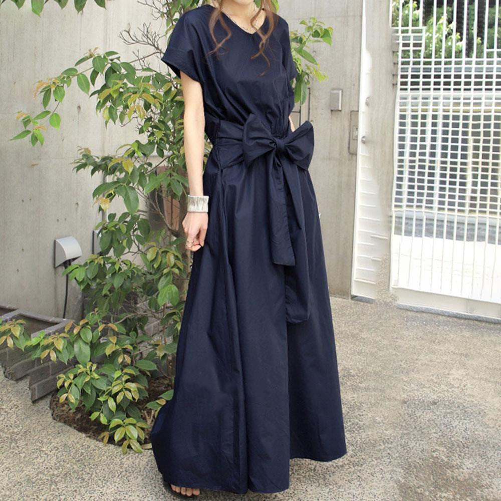 Japanese Back Bow Long Dress – Artistic & Elegant | same ANTHEM - Dark Blue / Free Size L