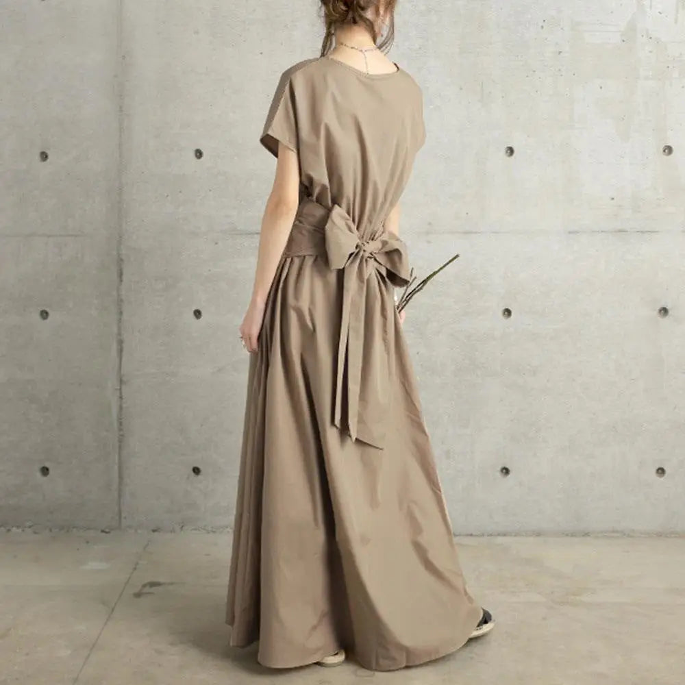 Japanese Back Bow Long Dress – Artistic & Elegant | same ANTHEM - Khaki / Free Size L
