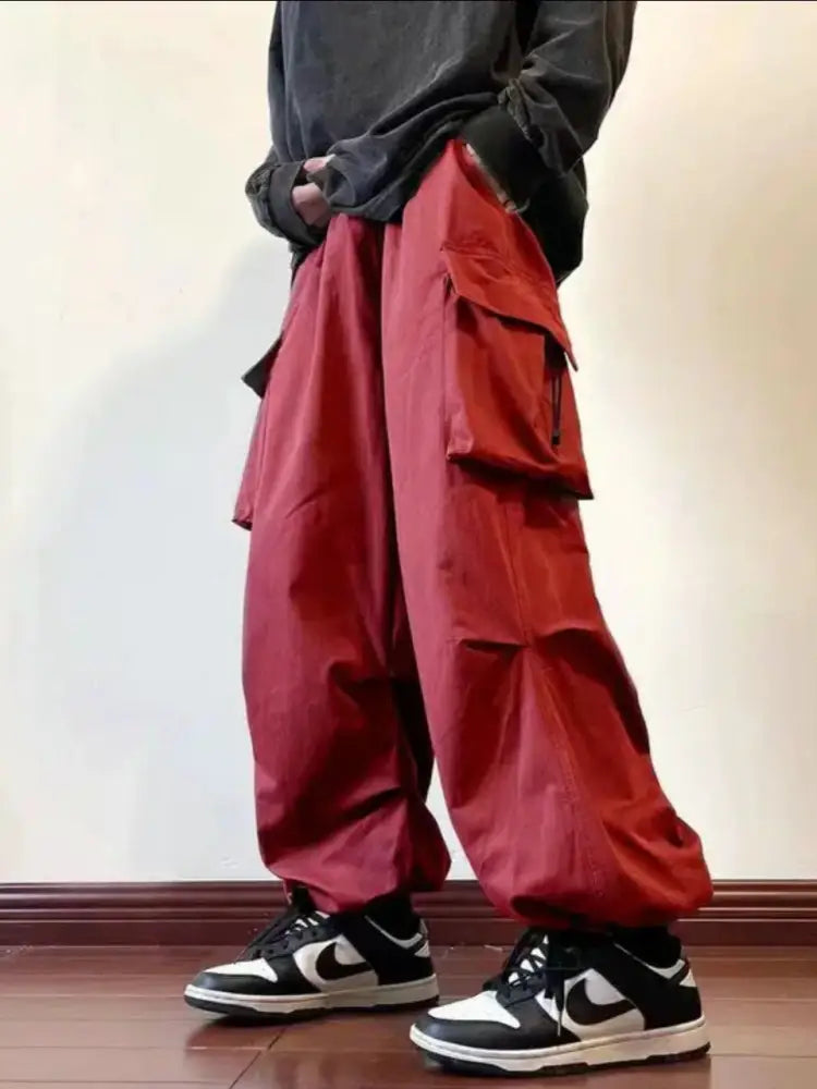 Japanese Baggy Pocket Pants – Loose Street Style for Men | same ANTHEM - Red / S