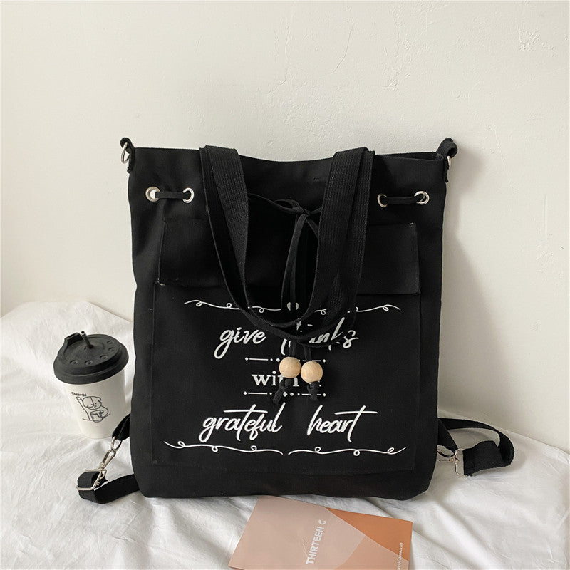 Japanese Style Canvas Drawstring Backpack & Shoulder Bag | same ANTHEM - Black