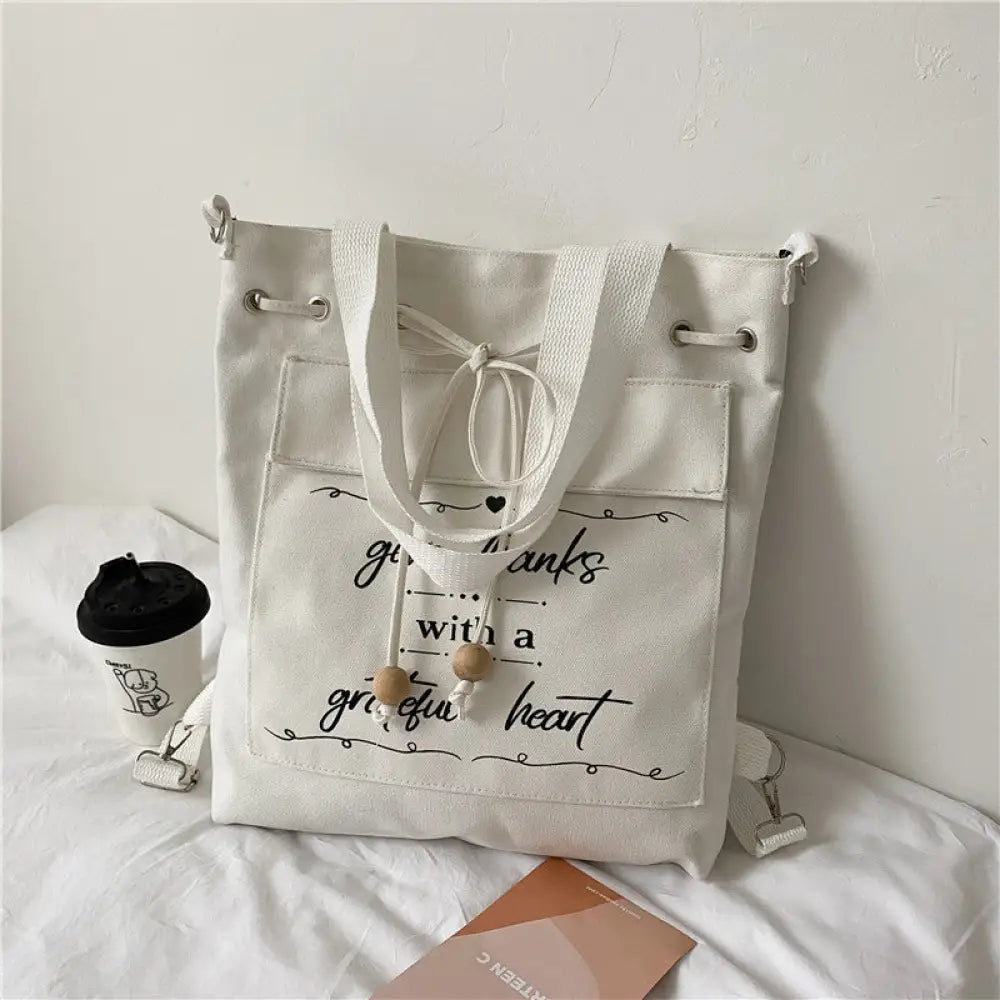 Japanese Style Canvas Drawstring Backpack & Shoulder Bag | same ANTHEM - White