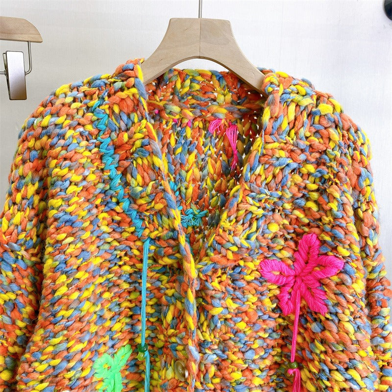 Knitted Thick Needle Sweater Cardigan | same ANTHEM. - Orange / one size