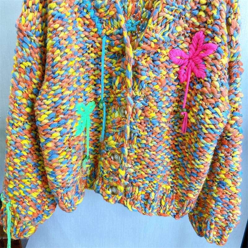 Knitted Thick Needle Sweater Cardigan | same ANTHEM. - Orange / one size