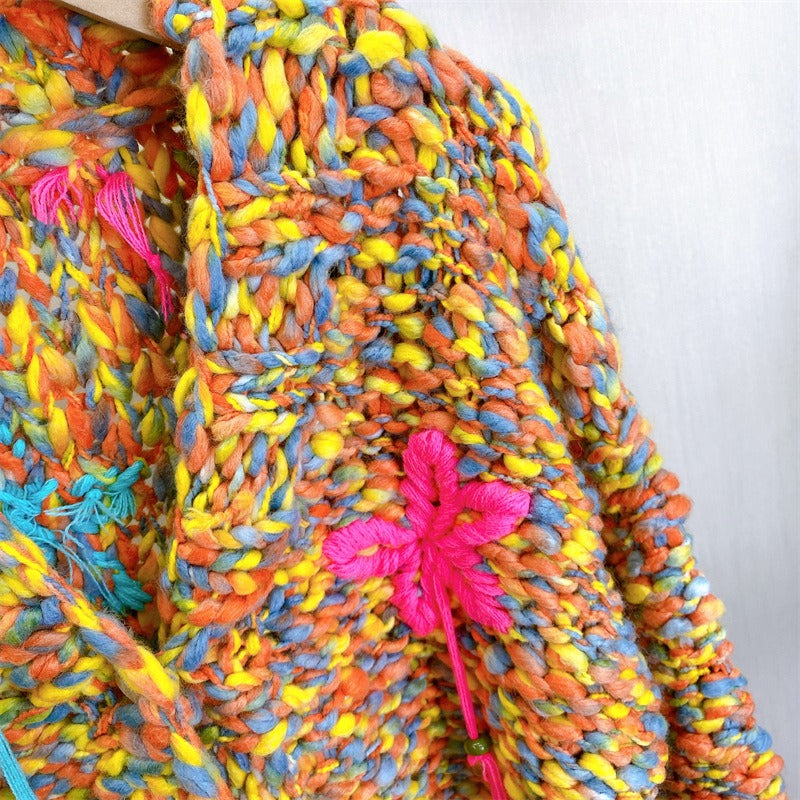 Knitted Thick Needle Sweater Cardigan | same ANTHEM. - Orange / one size