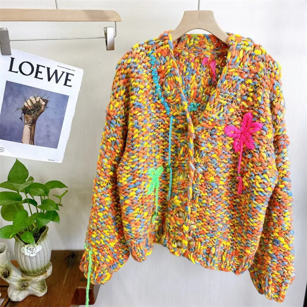 Knitted Thick Needle Sweater Cardigan | same ANTHEM. - Orange / one size