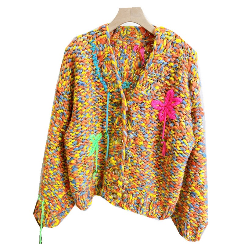 Knitted Thick Needle Sweater Cardigan | same ANTHEM. - Orange / one size