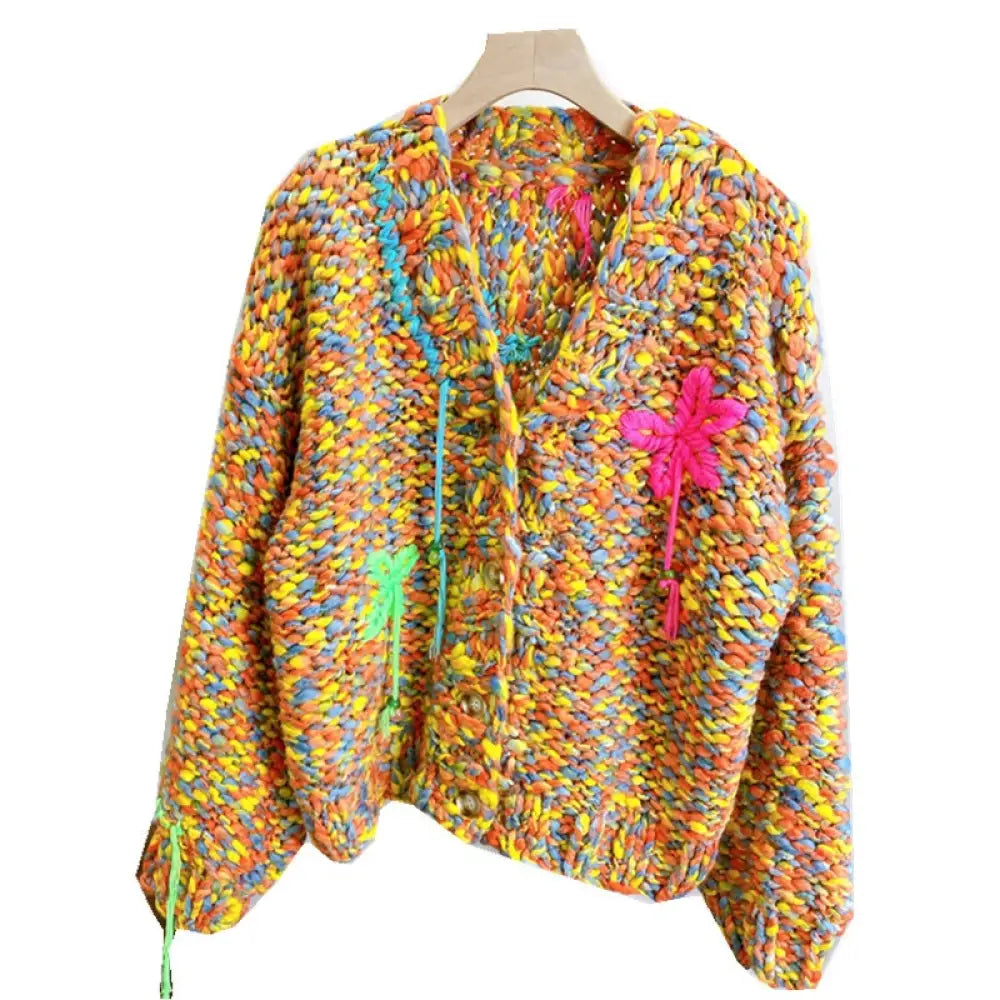 Knitted Thick Needle Sweater Cardigan | same ANTHEM. - Orange / one size
