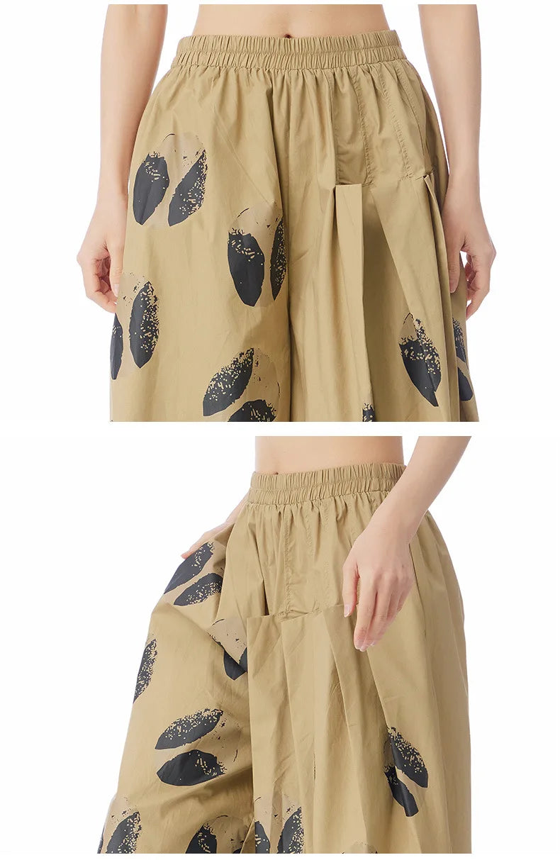 Korean Casual Print Pleated Calf-Length Pants – dreamy chic streetwear | same ANTHEM. - khaki / One Size