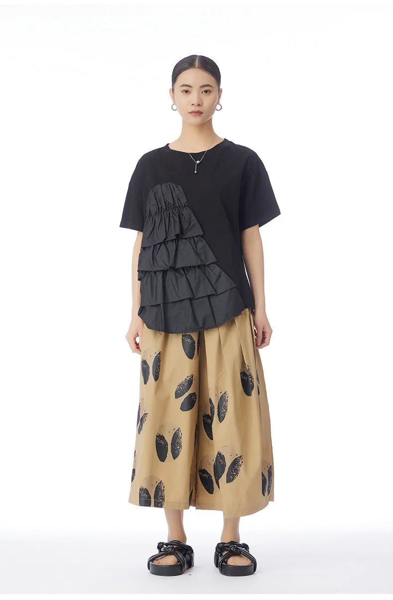 Korean Casual Print Pleated Calf-Length Pants – dreamy chic streetwear | same ANTHEM. - khaki / One Size