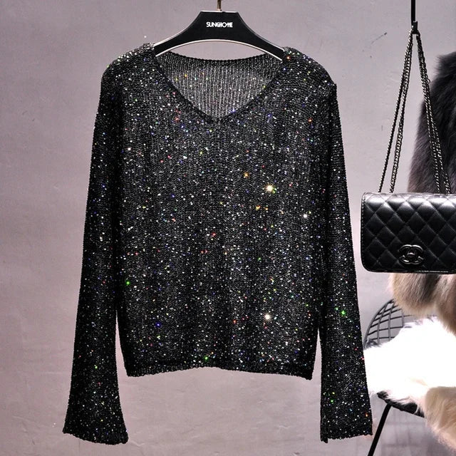 Korean Knitted Pullover Sweater with Sequins – same ANTHEM. Soulmate Streetwear - black / One Size