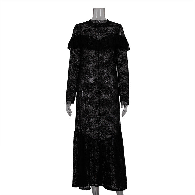 Lace Pattern Hollow OutRound-Neck Long-Sleeved Dress | Darc Arcade Chic & French Mystic | same ANTHEM - Black / L
